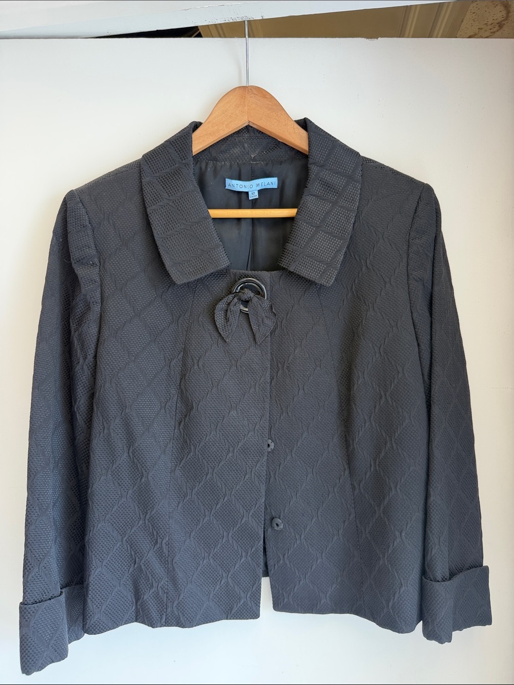ANTONIO MELANI Black Textured Cropped Blazer with Ring Accent